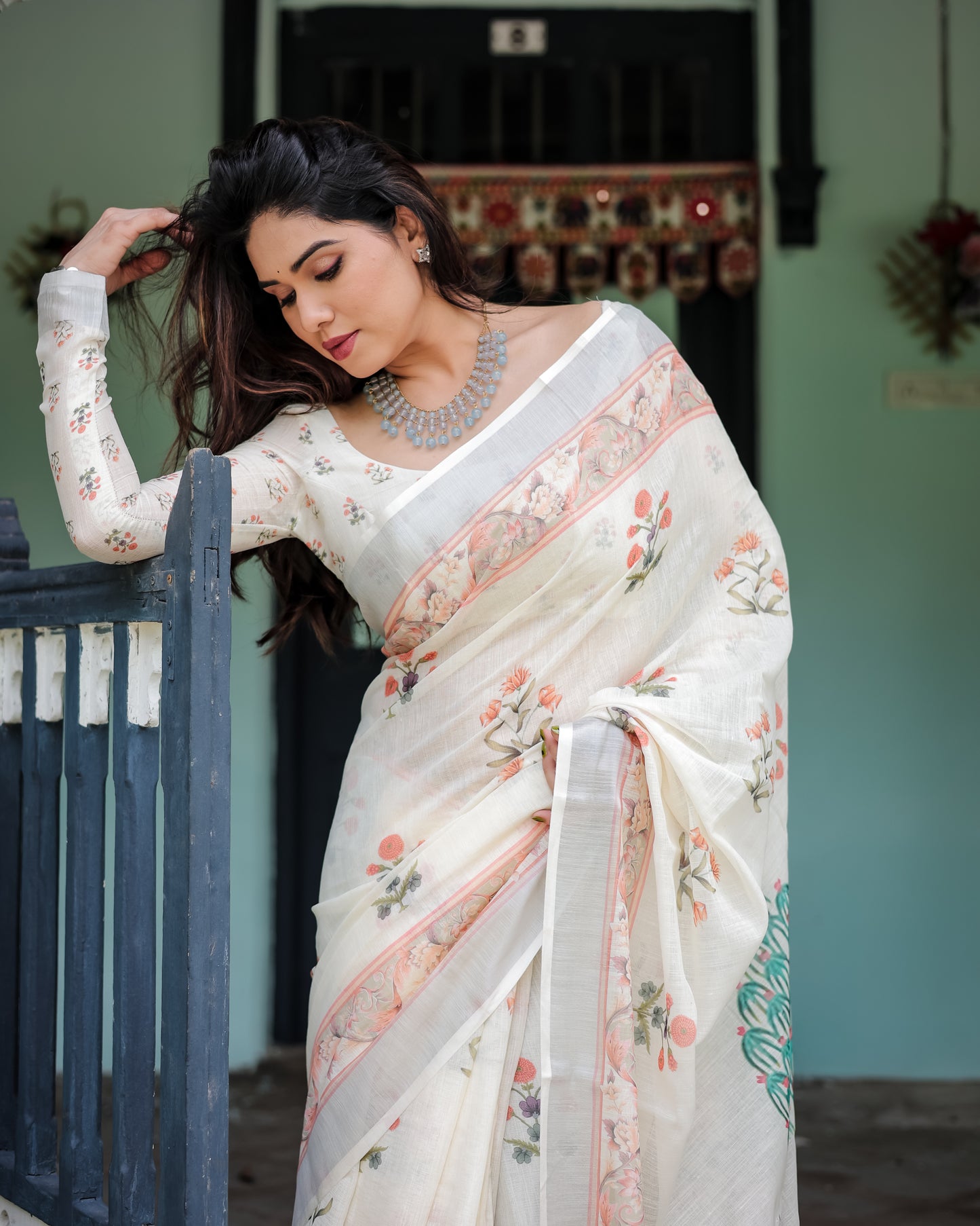 Ethereal Beauty Pure Linen Saree with Tassels.