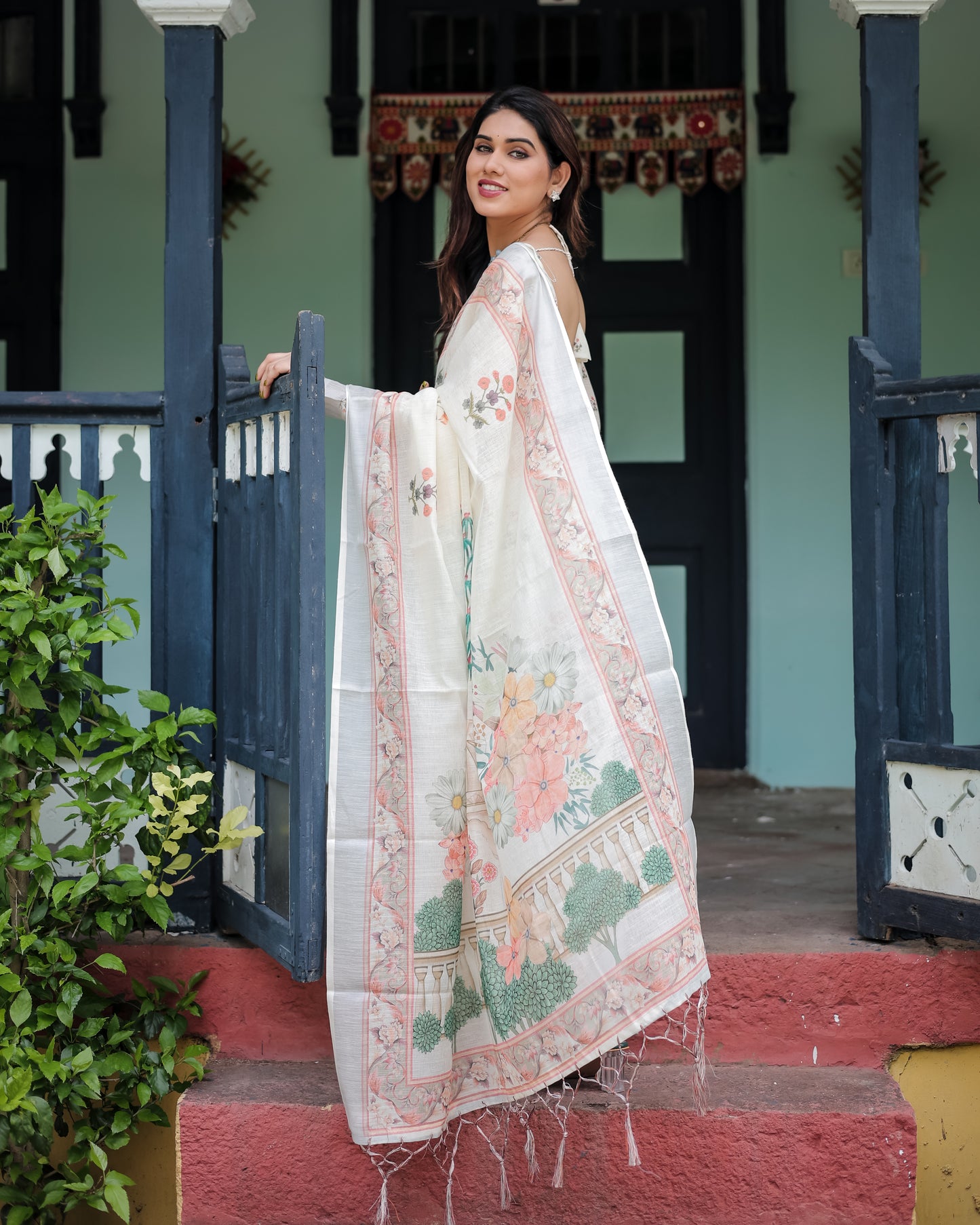 Ethereal Beauty Pure Linen Saree with Tassels.