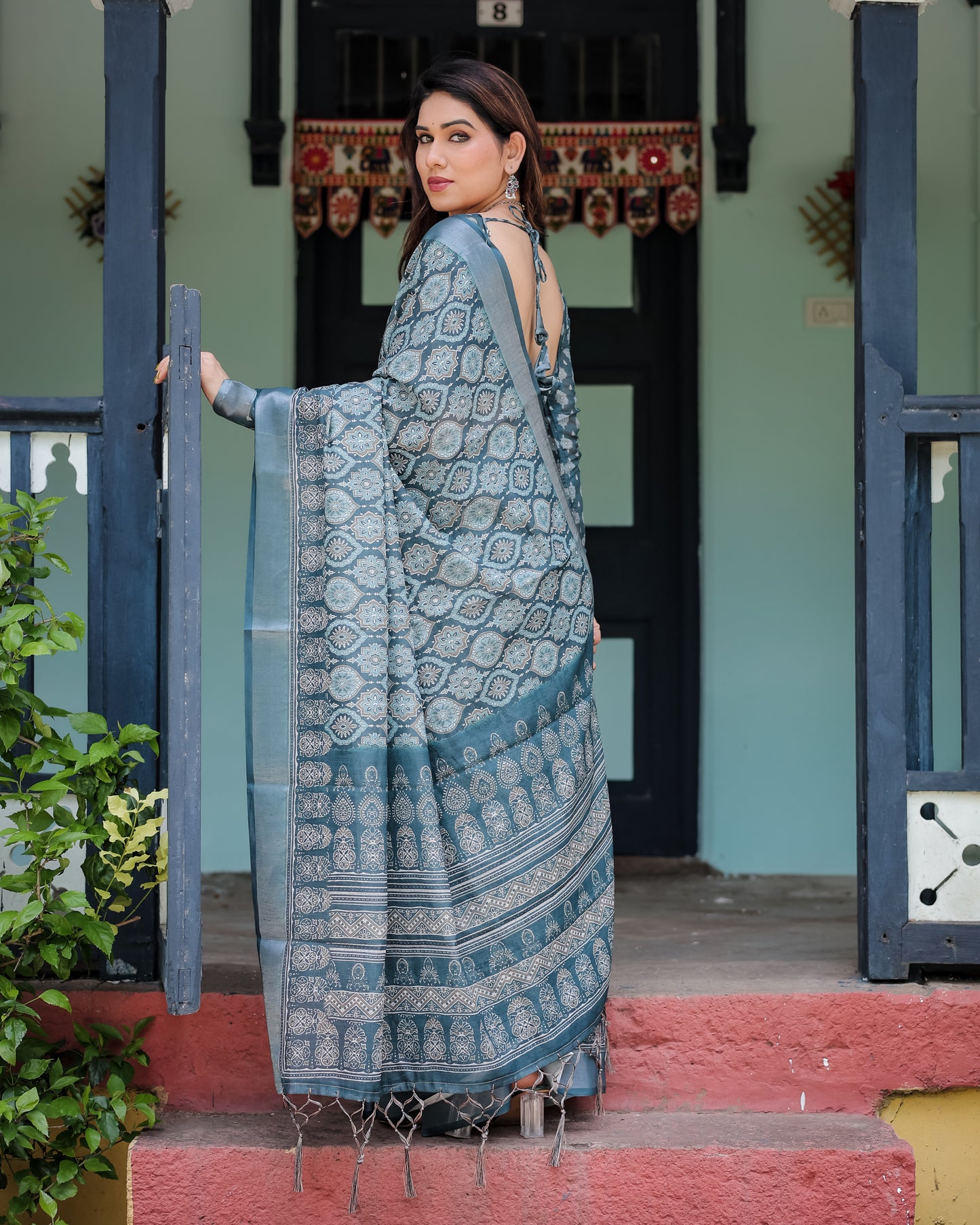 Regal Blue Beauty Pure Linen Saree with Tassels.