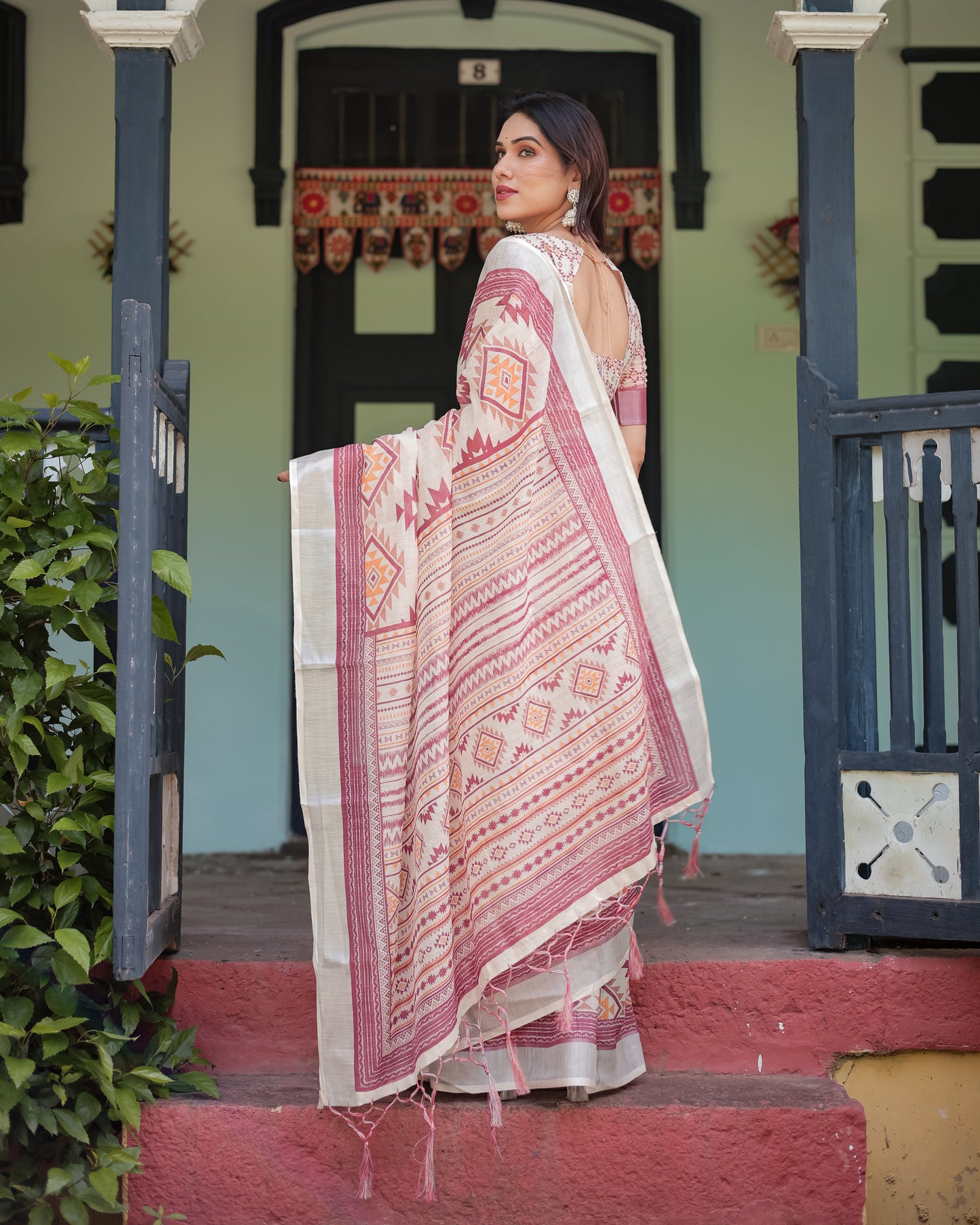 Tribal Chic Pure Linen Saree with Tassels.