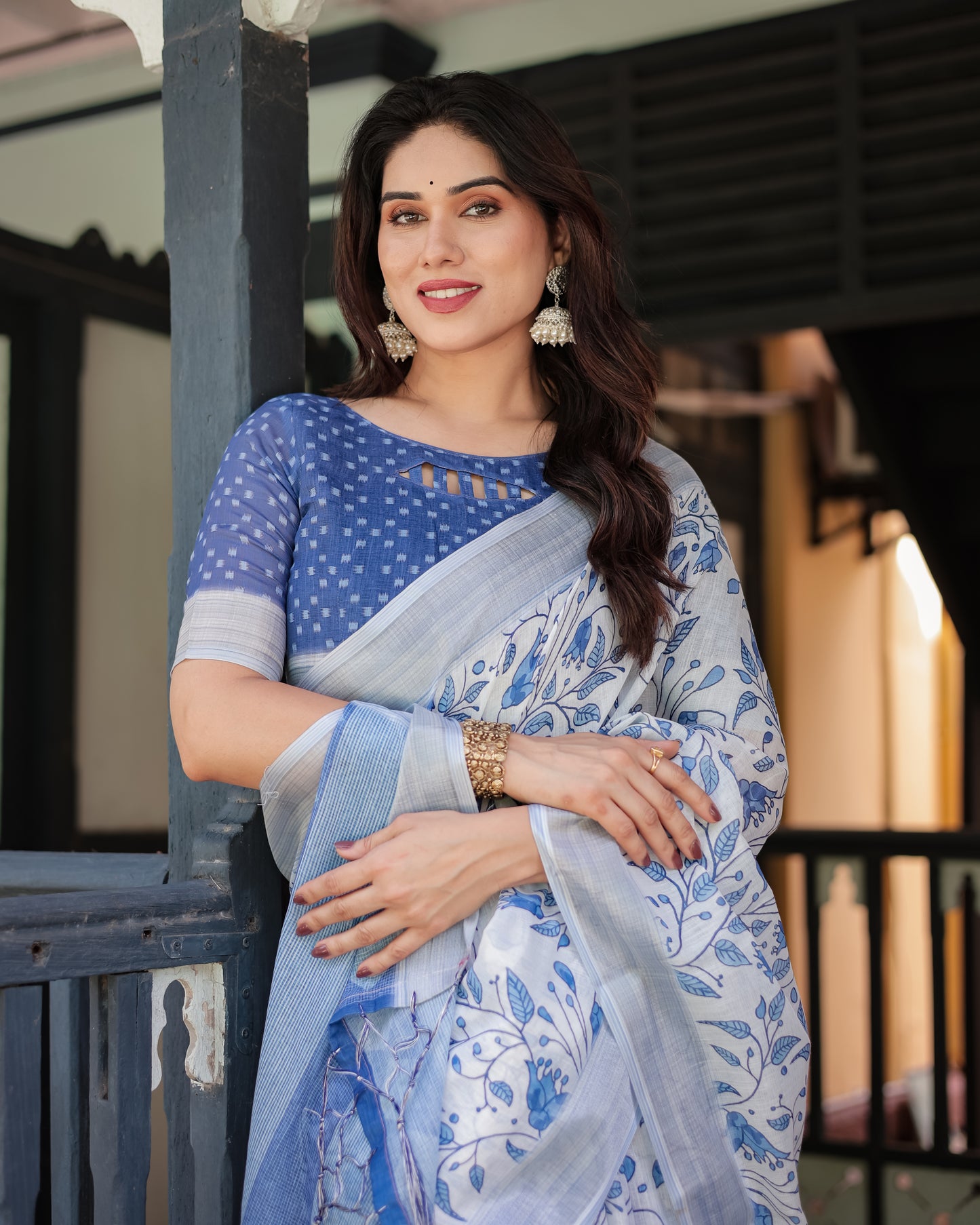 Floral Blues Pure Linen Saree with Tassels.