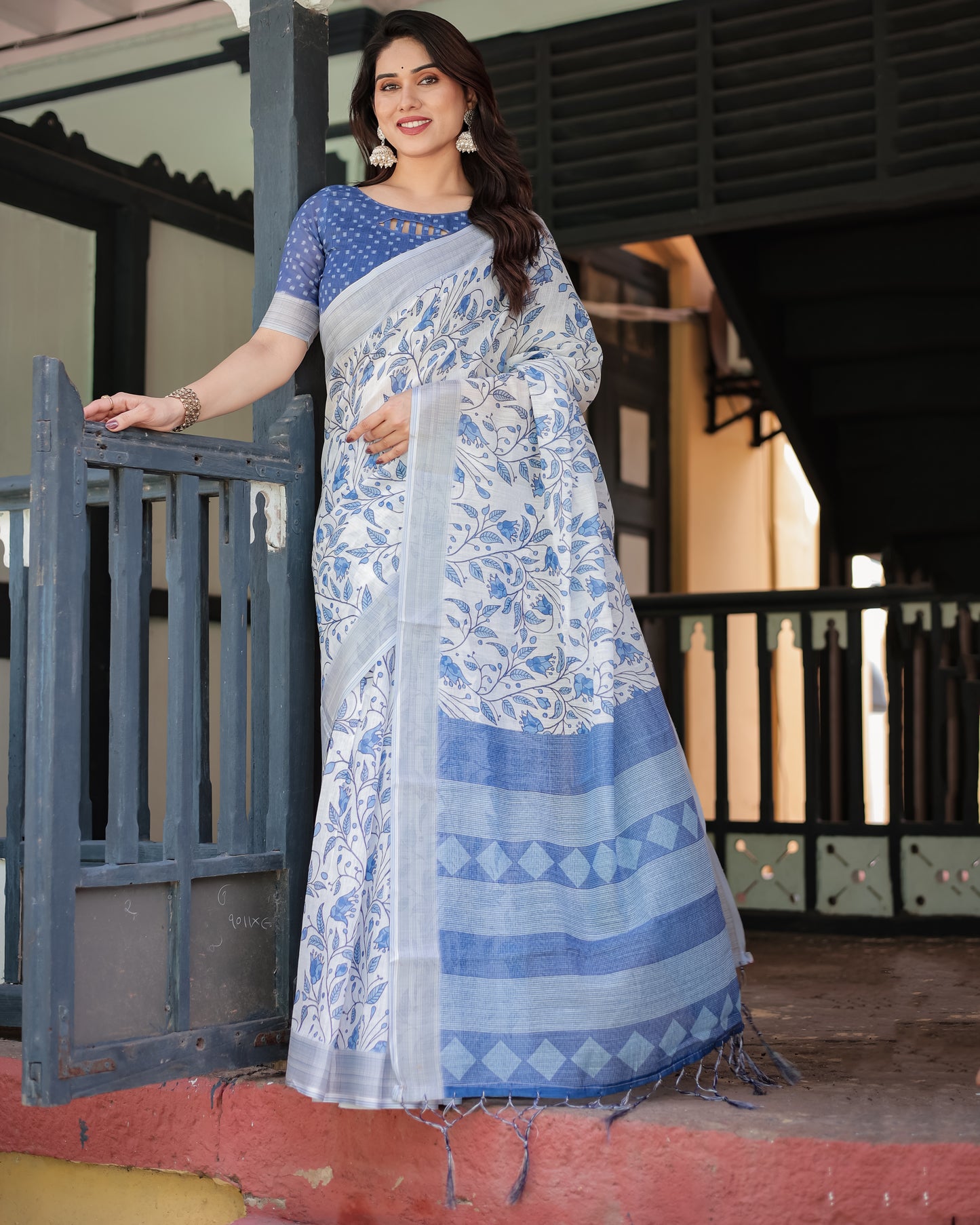 Floral Blues Pure Linen Saree with Tassels.