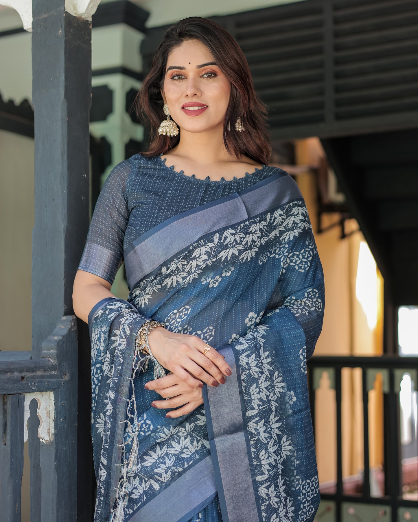 Graceful Blue Floral Linen Saree.