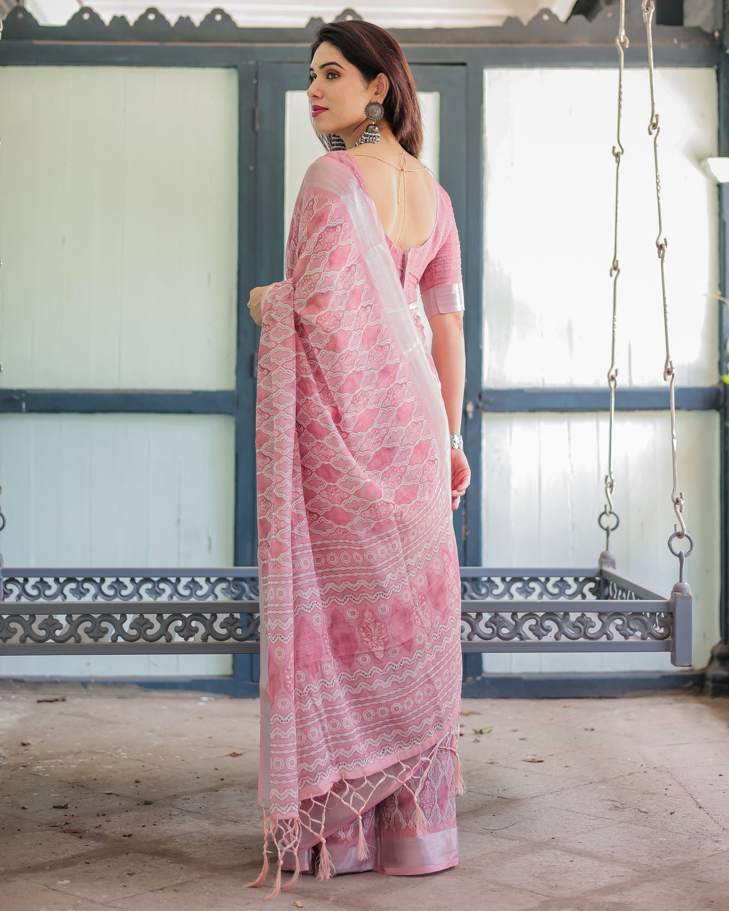 Blush Pink Grace Pure Linen Saree with Tassels.