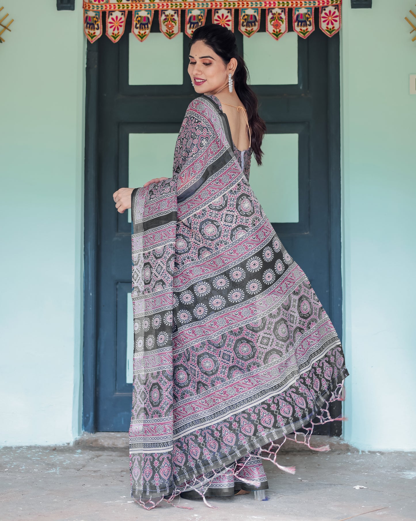 Perfect Elegant Ajrakh Linen Saree.