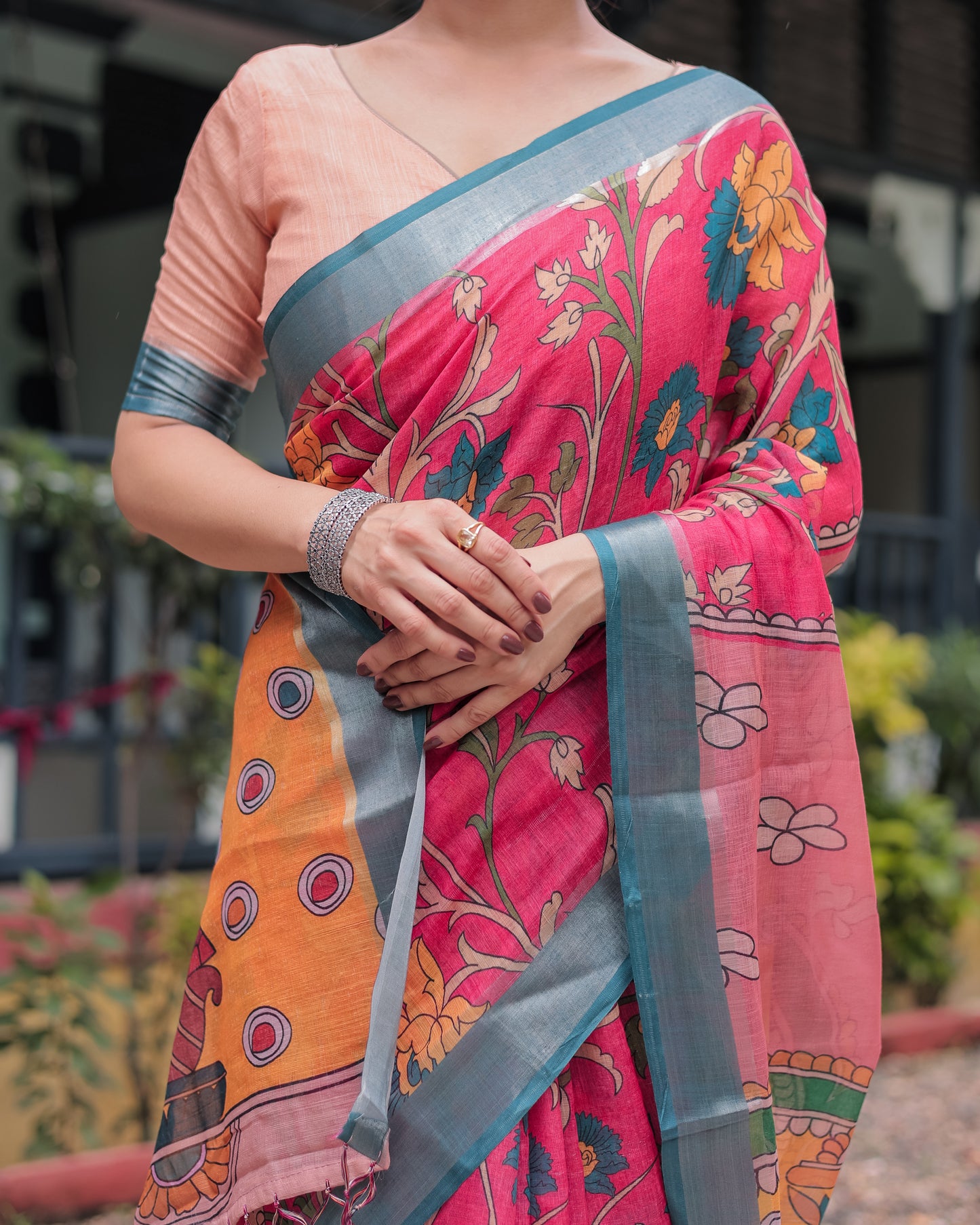 Stunning Pink & Blue Floral Digital Print Linen Saree.