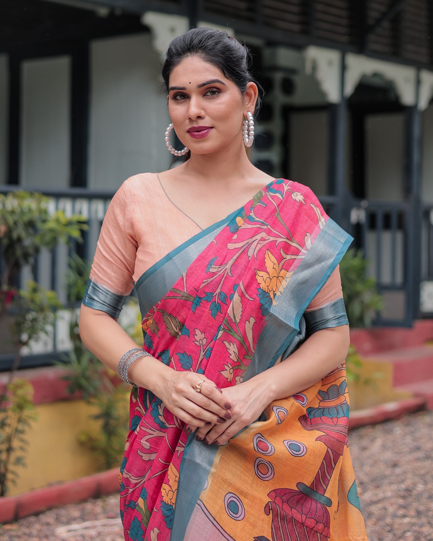 Stunning Pink & Blue Floral Digital Print Linen Saree.