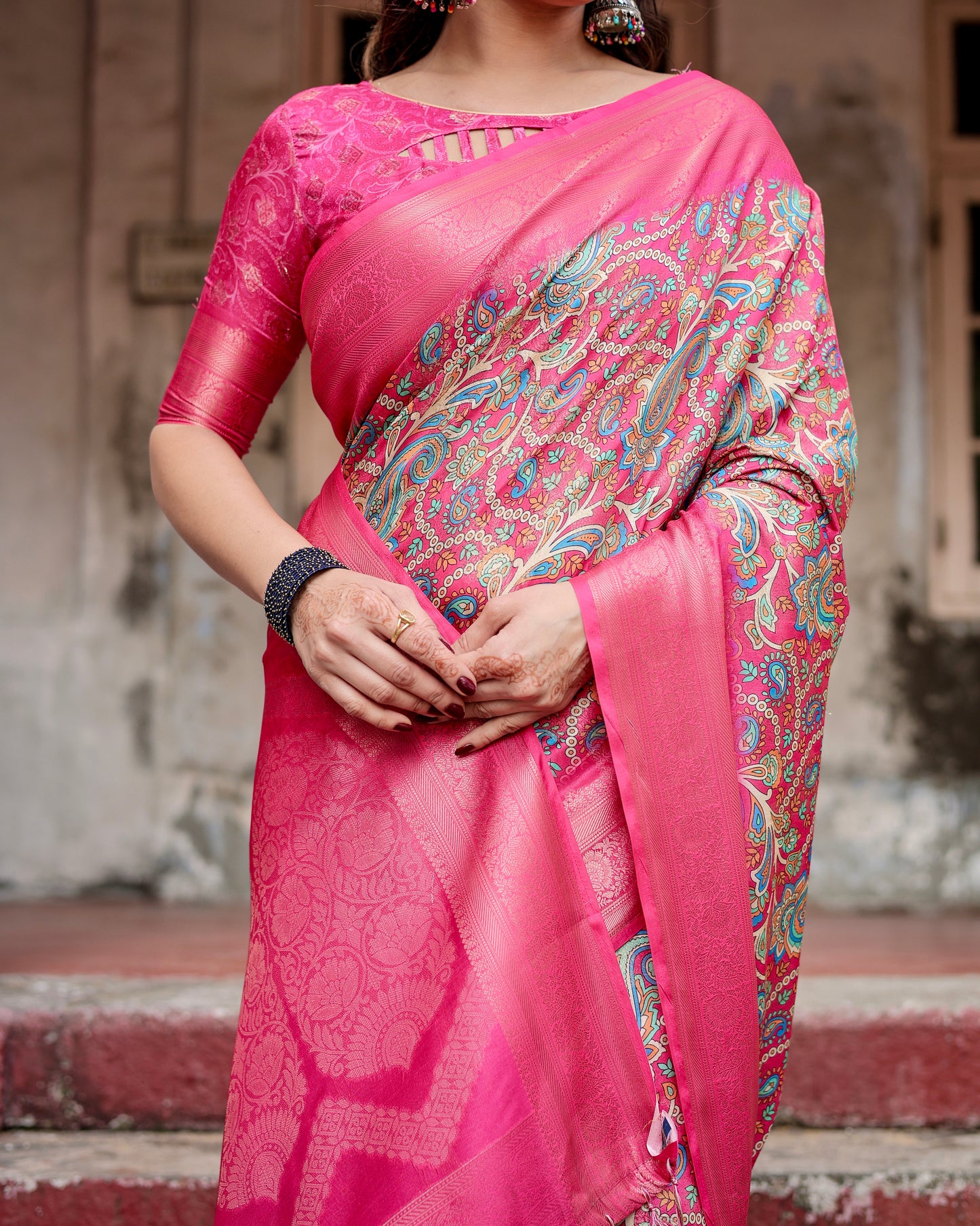 Gorgeous Banarasi Digital Printed Radiant Pink Silk Saree.