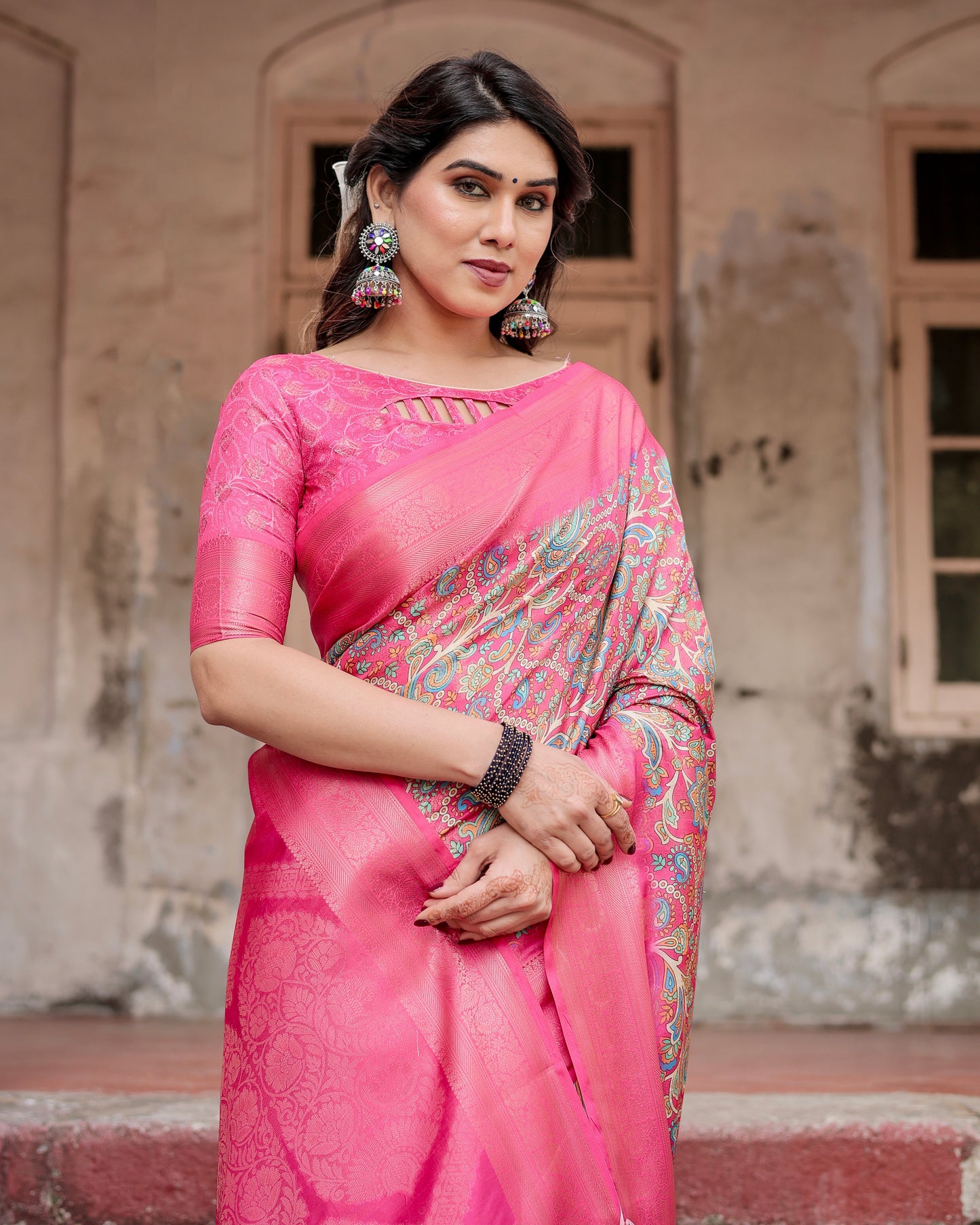 Gorgeous Banarasi Digital Printed Radiant Pink Silk Saree.