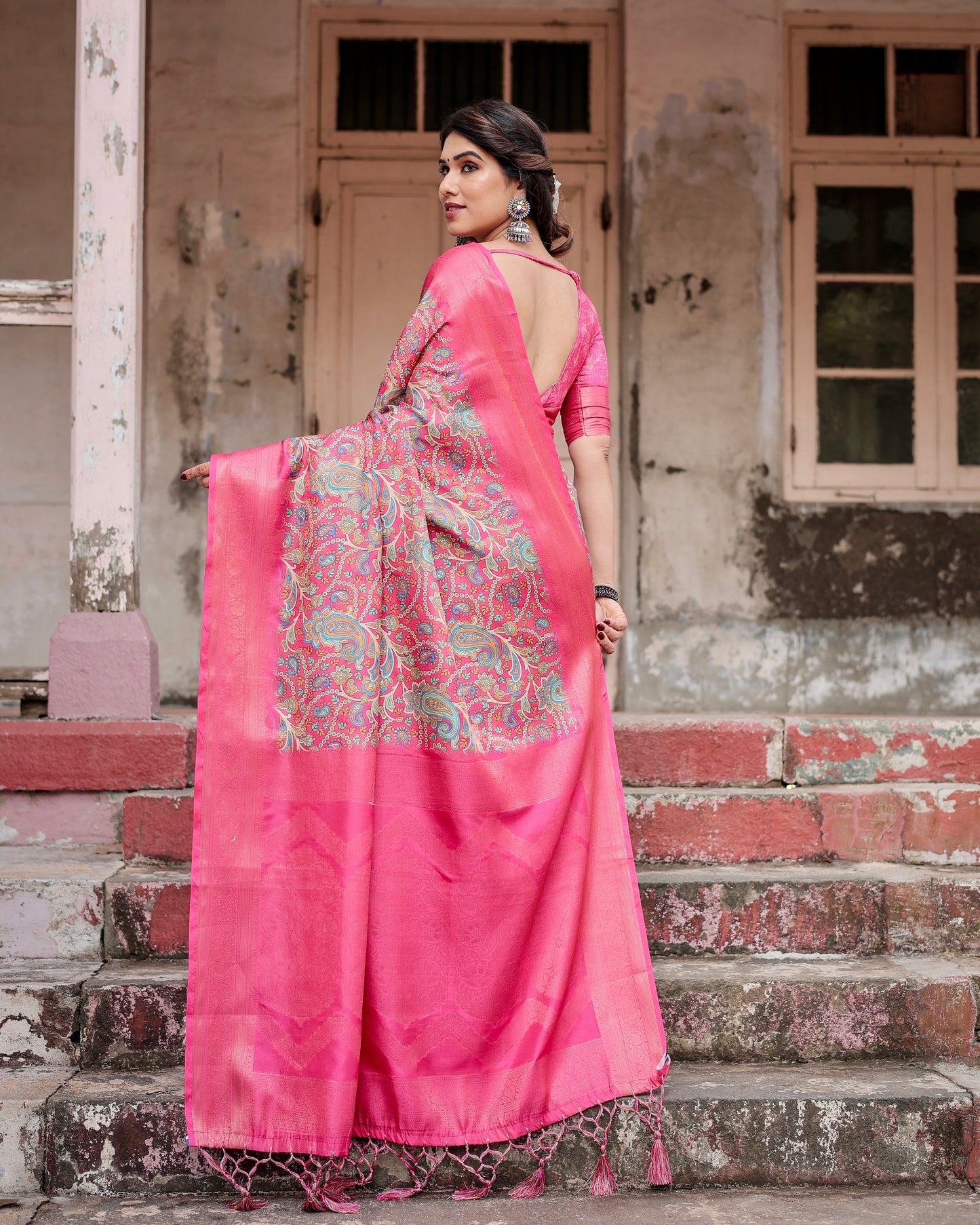 Gorgeous Banarasi Digital Printed Radiant Pink Silk Saree.