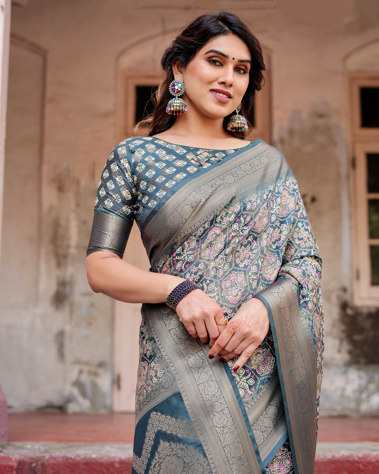 Regal Banarasi Digital Printed Gray Silk Saree.
