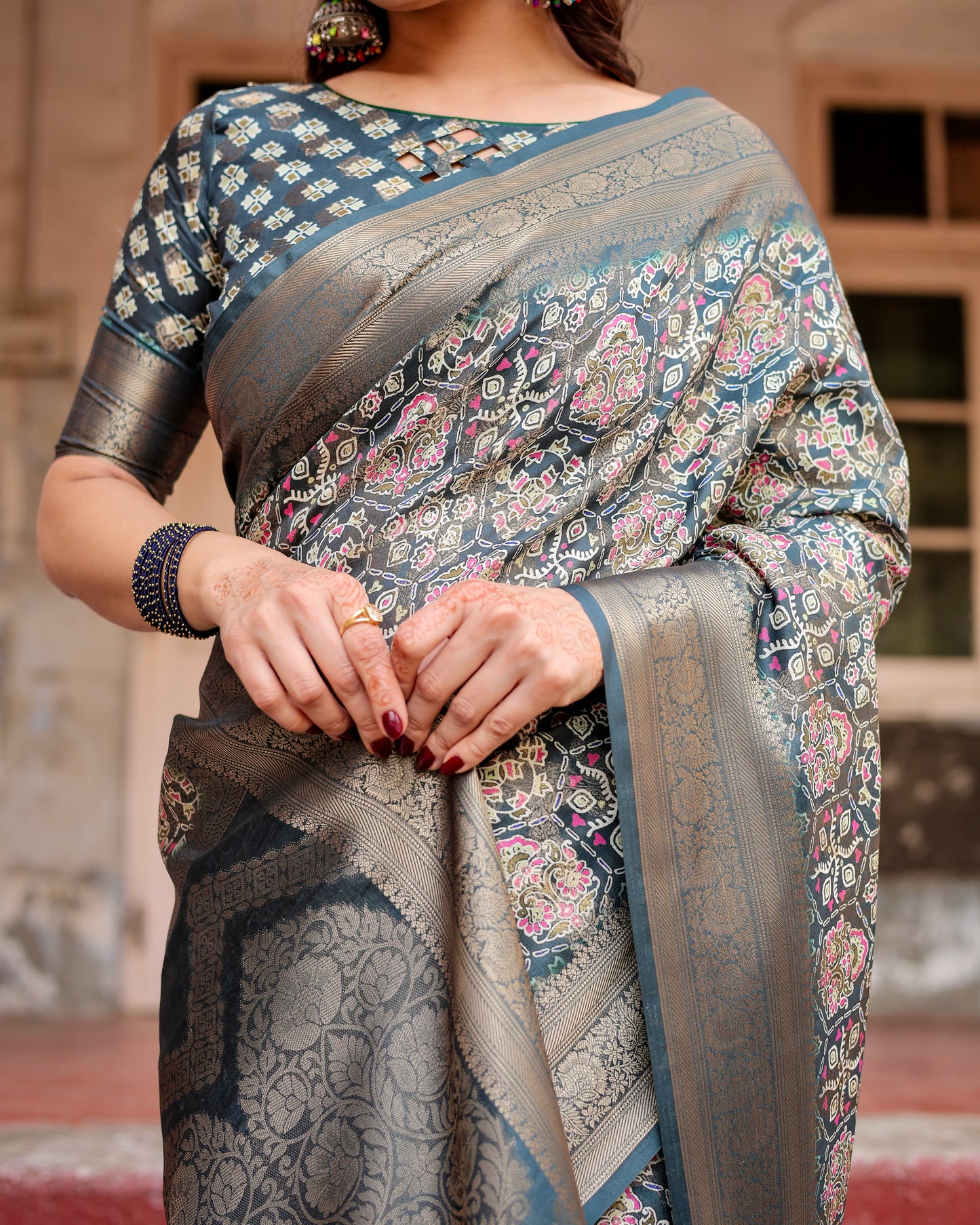 Regal Banarasi Digital Printed Gray Silk Saree.