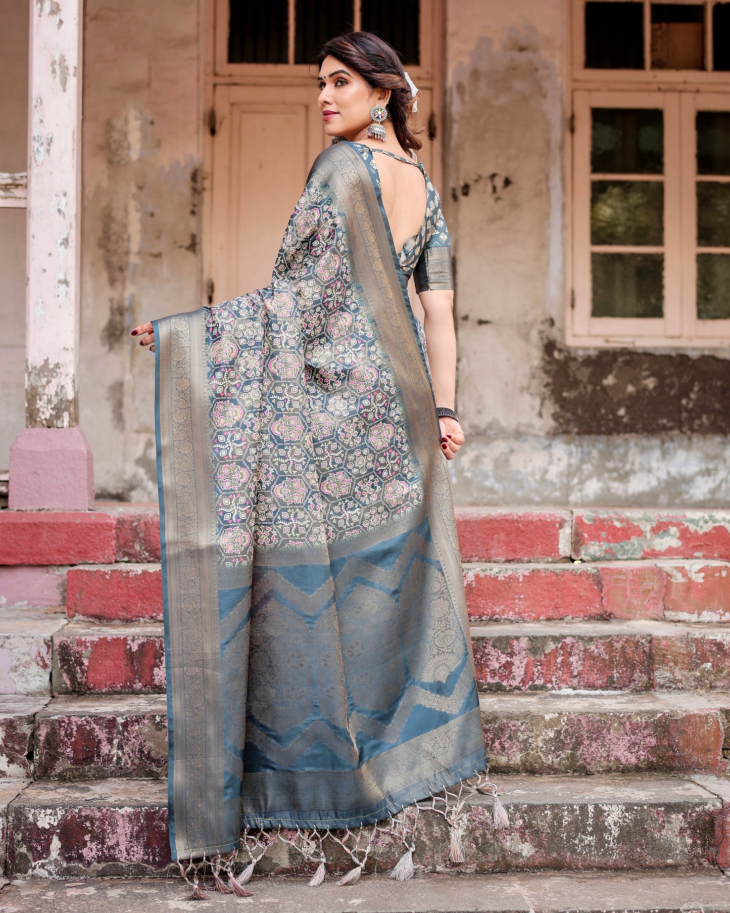 Regal Banarasi Digital Printed Gray Silk Saree.