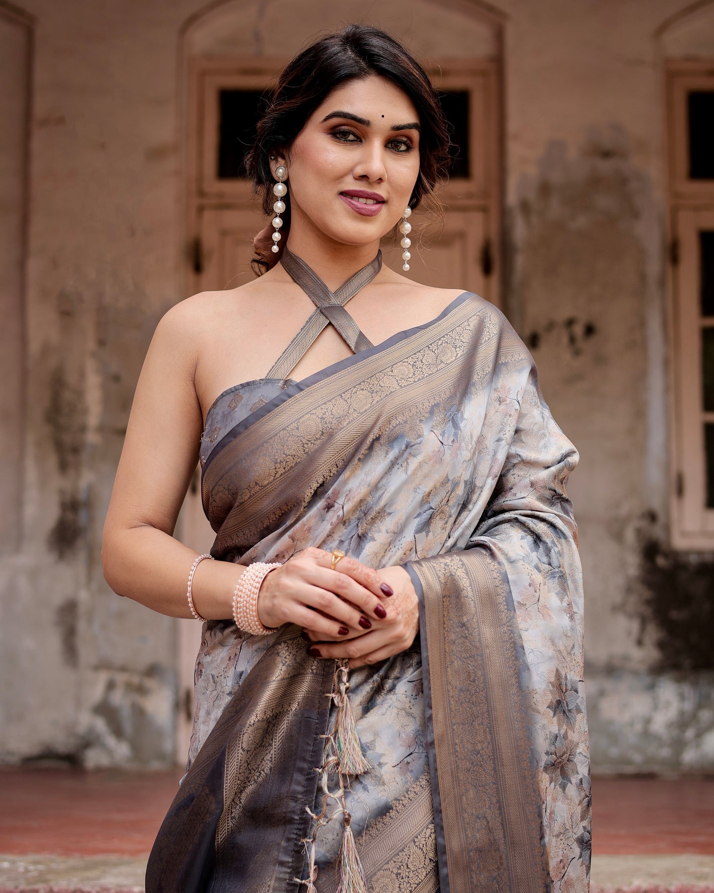 Elegant Banarasi Digital Printed Charcoal Grey Silk Saree.