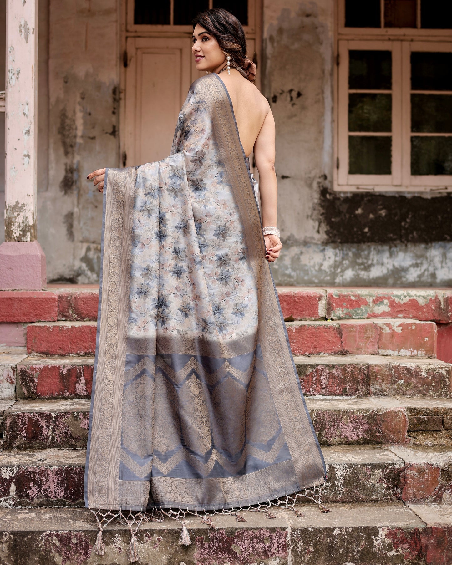 Elegant Banarasi Digital Printed Charcoal Grey Silk Saree.