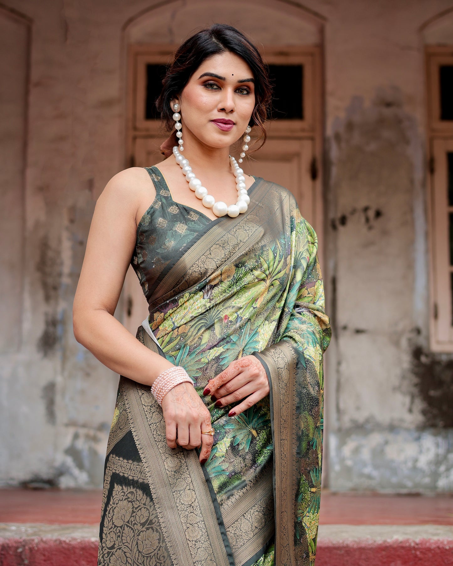 Exquisite Banarasi Digital Printed Forest Green Silk Saree.