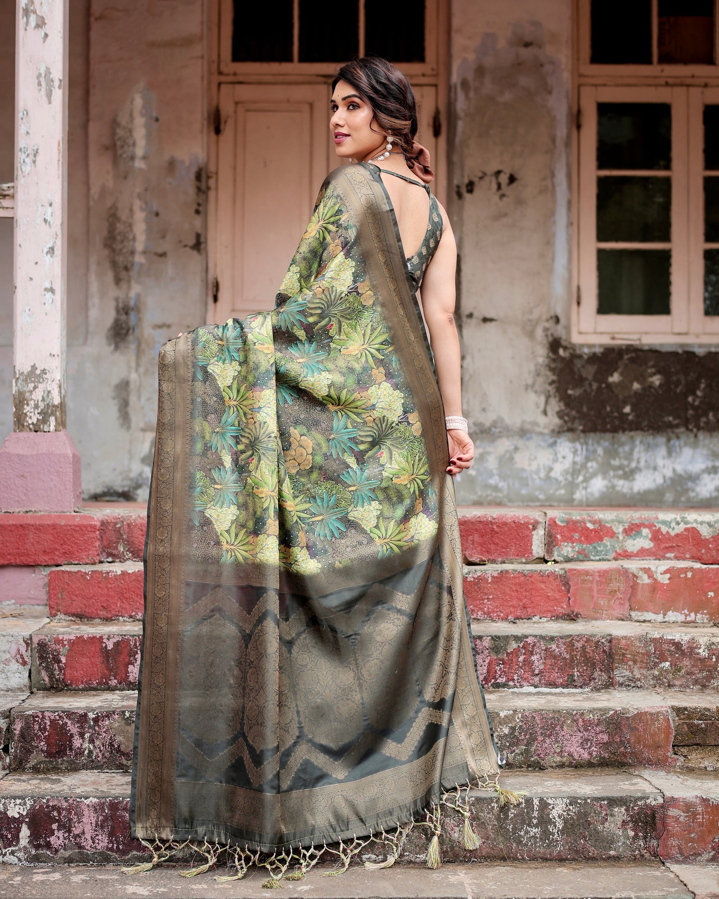 Exquisite Banarasi Digital Printed Forest Green Silk Saree.
