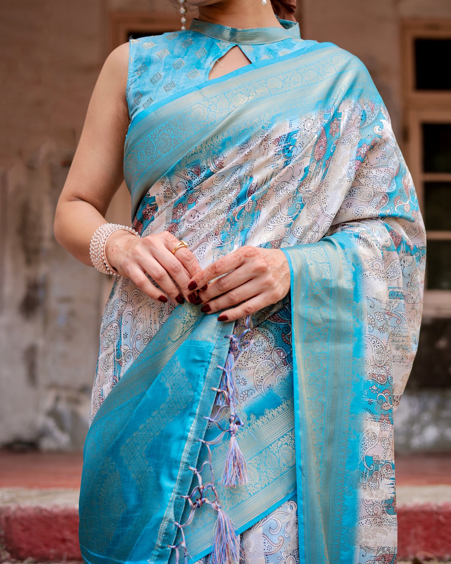 Grace in Sky Blue Banarasi Digital Printed Silk Saree.