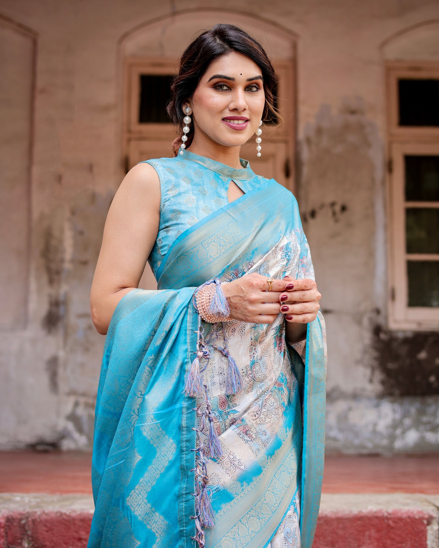 Grace in Sky Blue Banarasi Digital Printed Silk Saree.