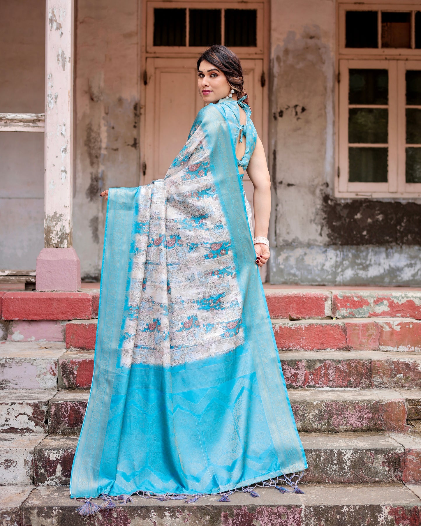 Grace in Sky Blue Banarasi Digital Printed Silk Saree.