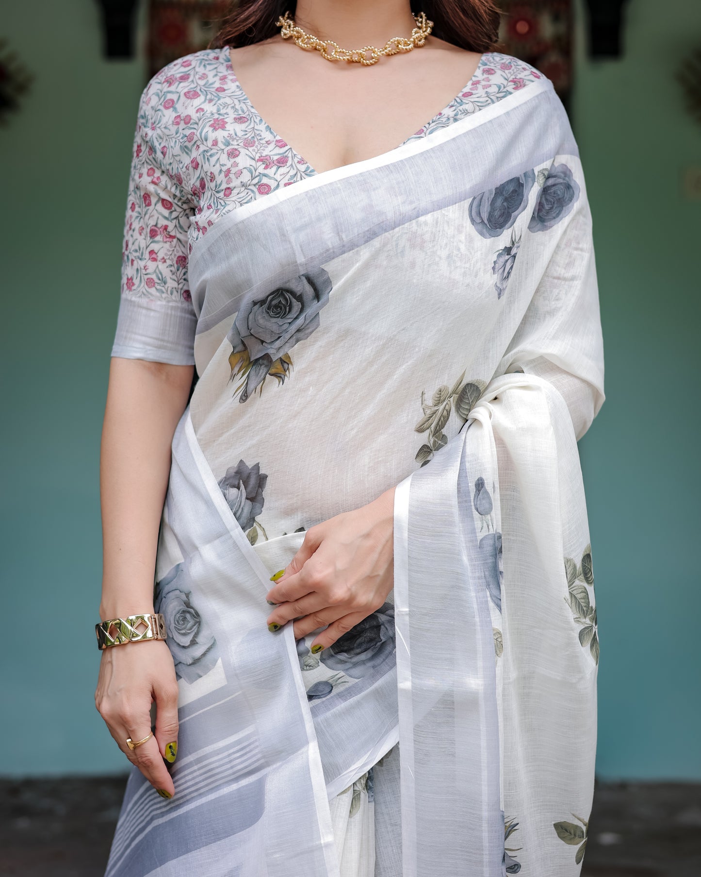 Elegance In White Pure Linen Saree with Tassels.