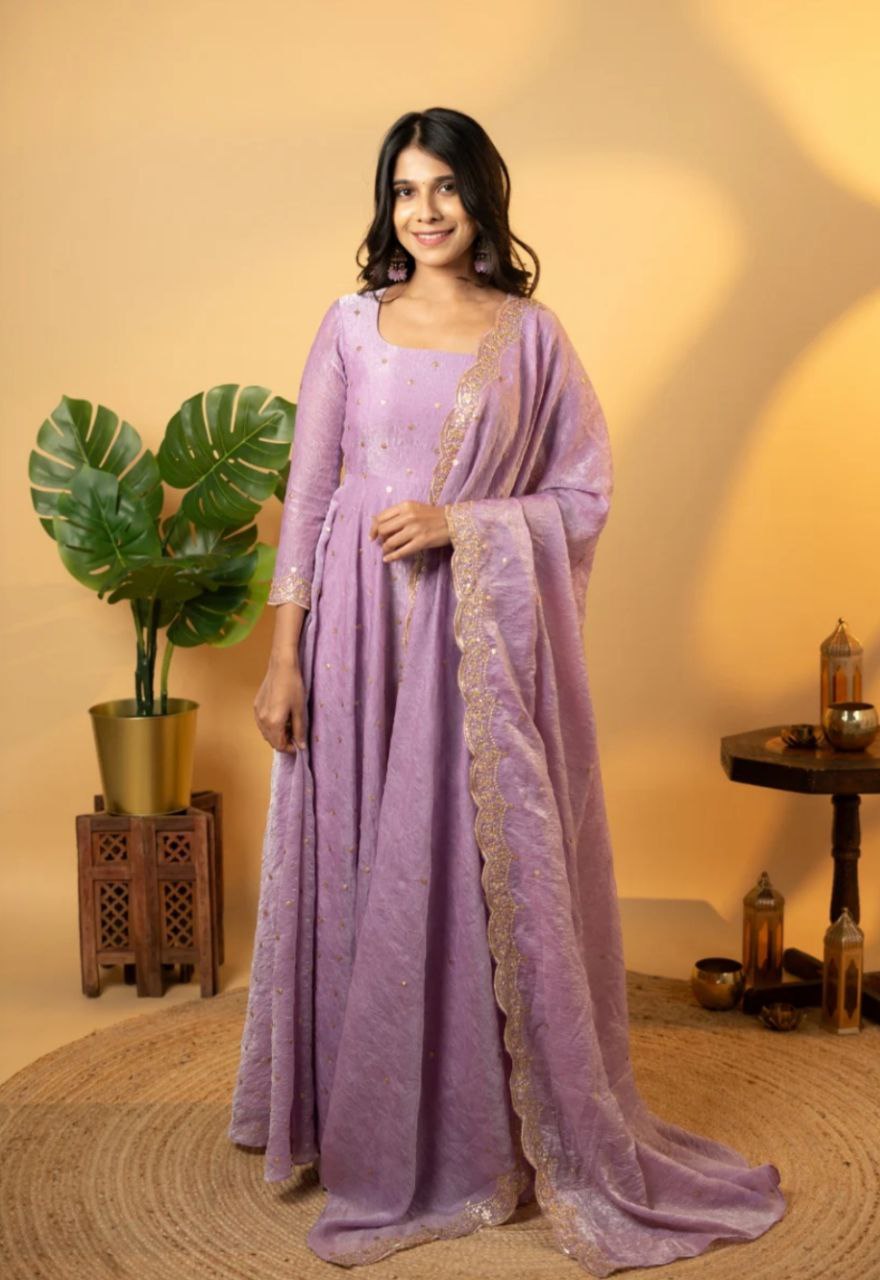 Beautiful Party Wear Pure Gold Crush Silk Lavender Gown Collection.