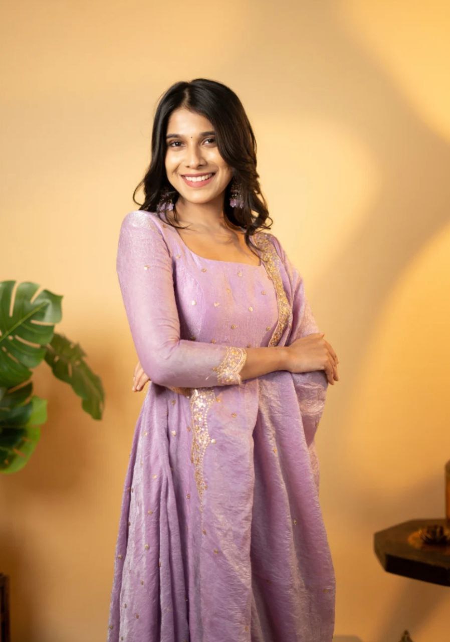 Beautiful Party Wear Pure Gold Crush Silk Lavender Gown Collection.