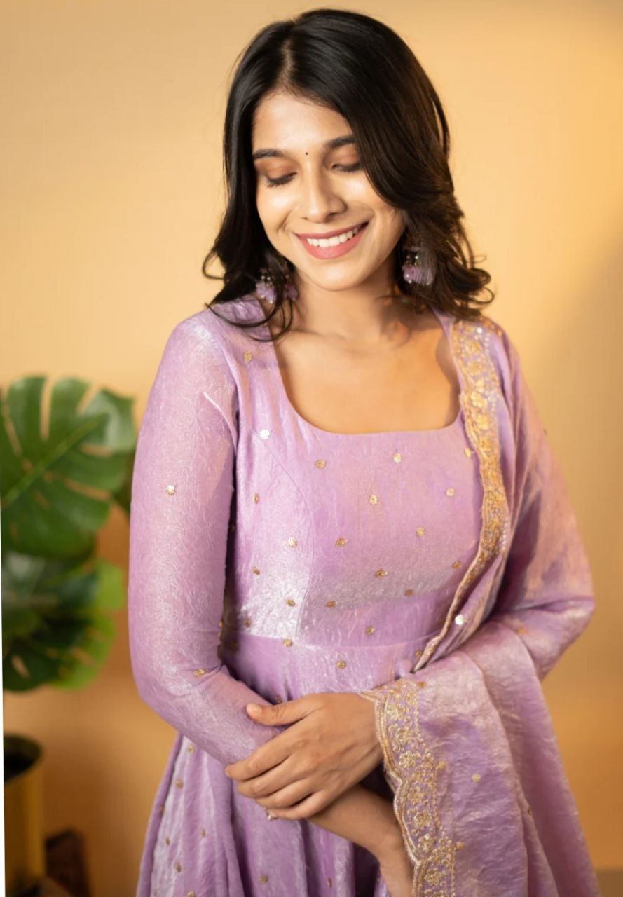 Beautiful Party Wear Pure Gold Crush Silk Lavender Gown Collection.