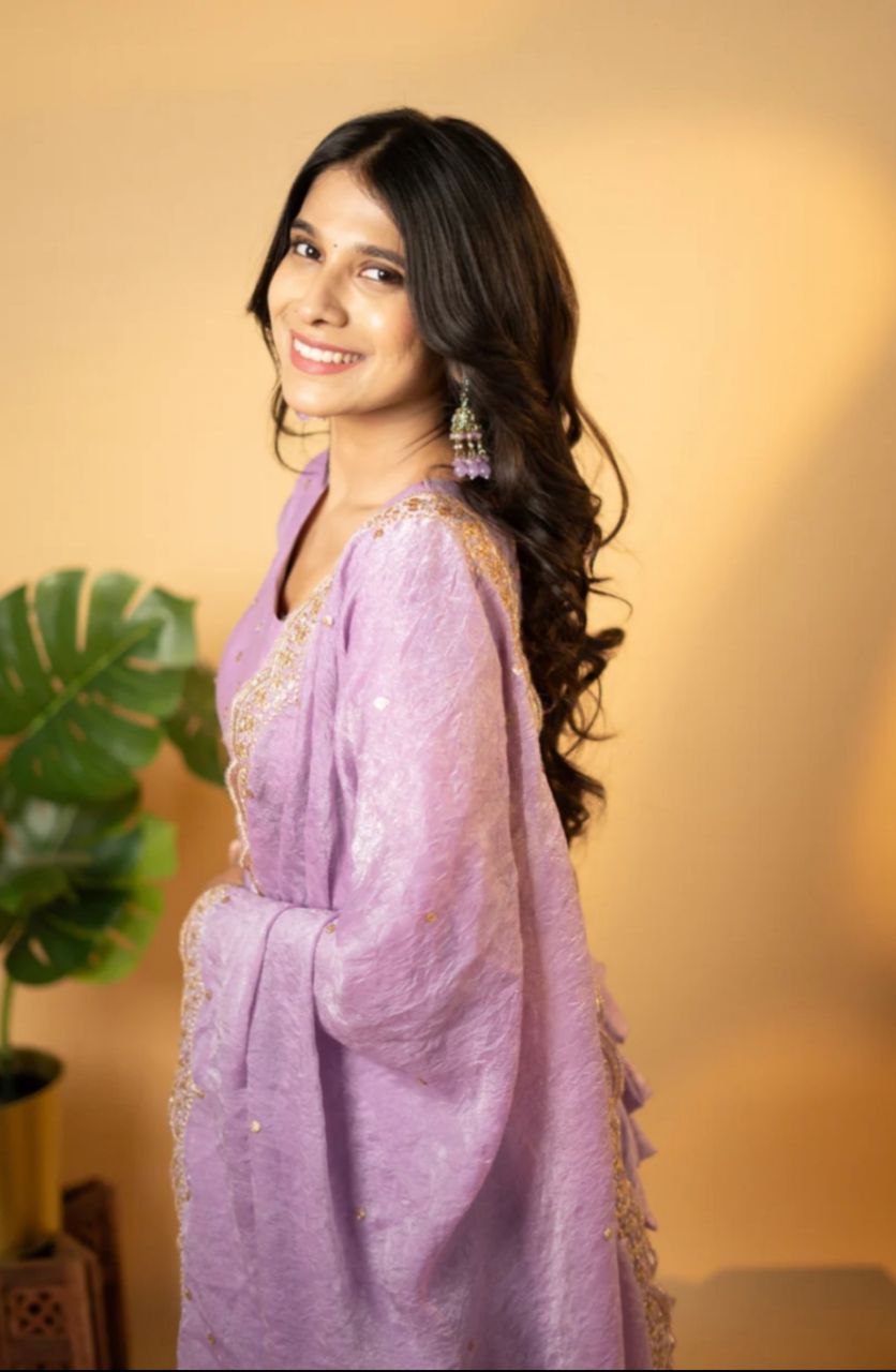 Beautiful Party Wear Pure Gold Crush Silk Lavender Gown Collection.