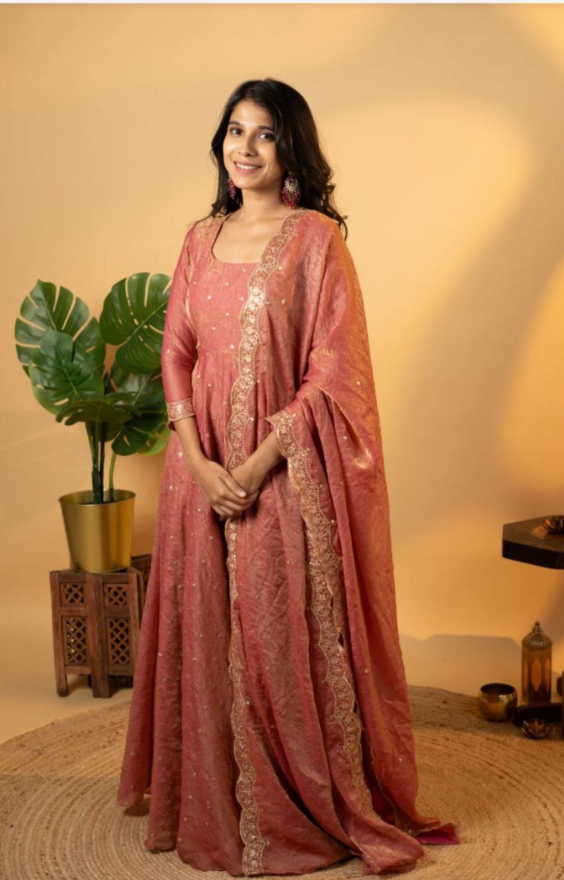 Wedding Wear Special Pure Gold Crush Silk Pink Gown Collection.