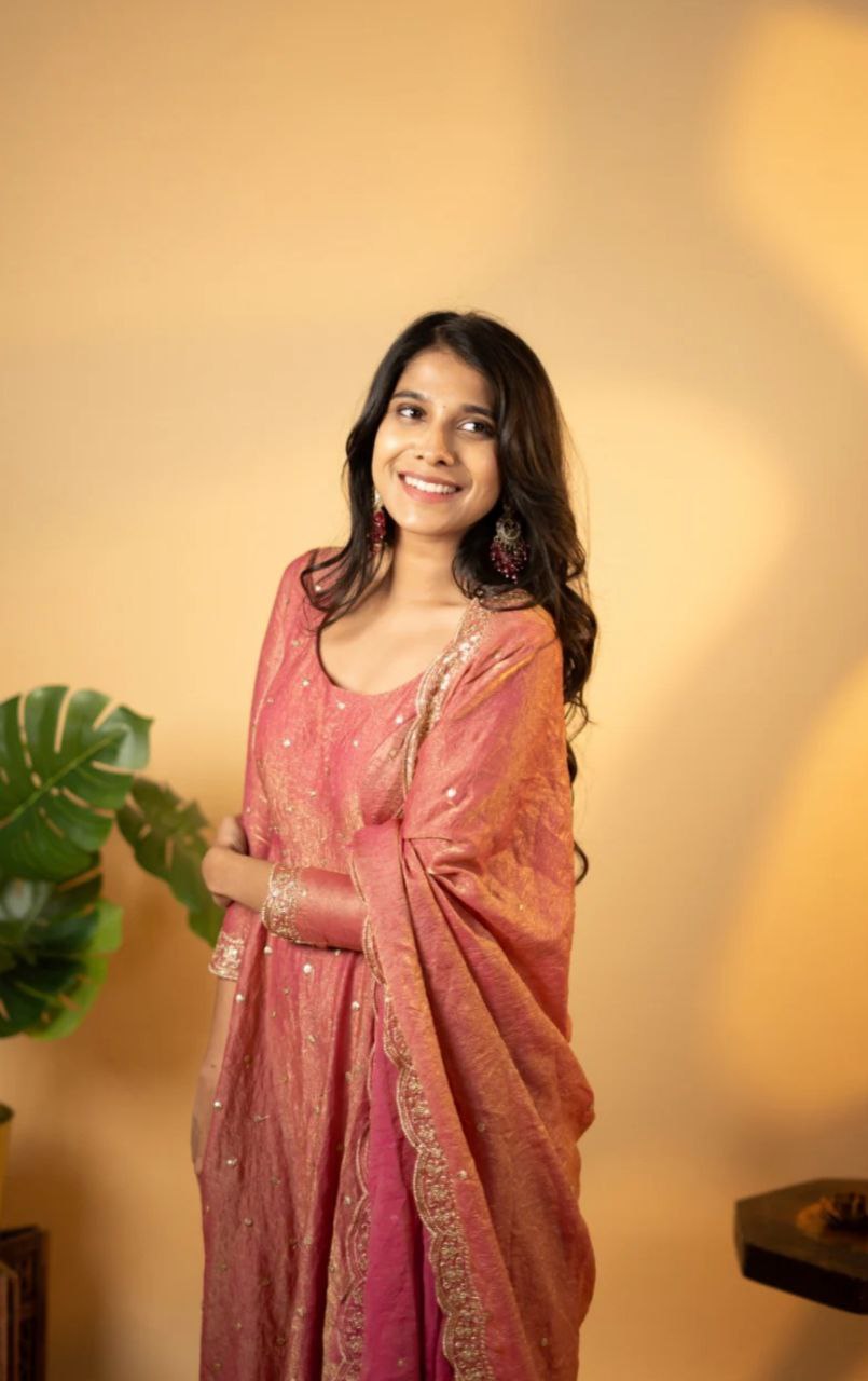 Wedding Wear Special Pure Gold Crush Silk Pink Gown Collection.