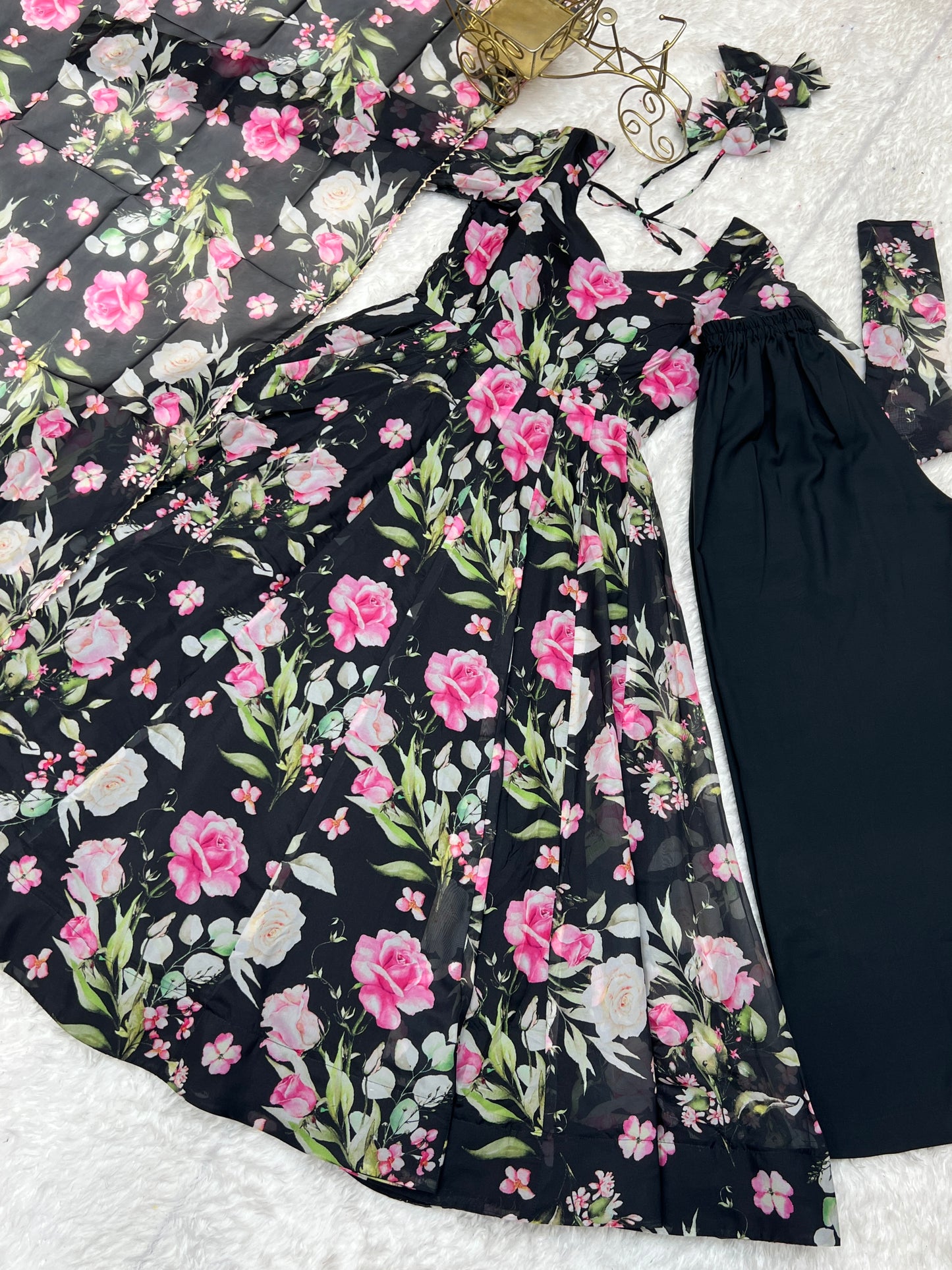 Latest Black Pure Soft Organza Silk Full Flaired Anarkali Outfit.
