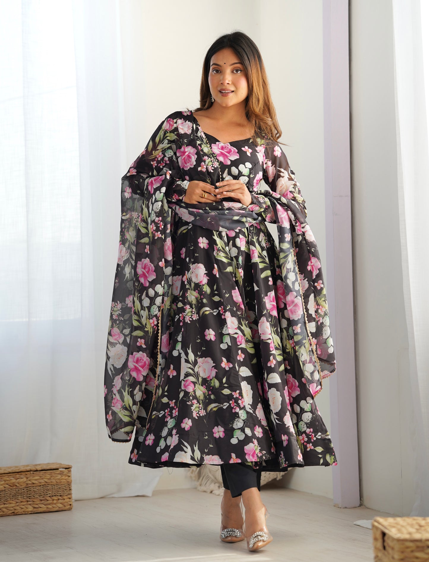 Latest Black Pure Soft Organza Silk Full Flaired Anarkali Outfit.