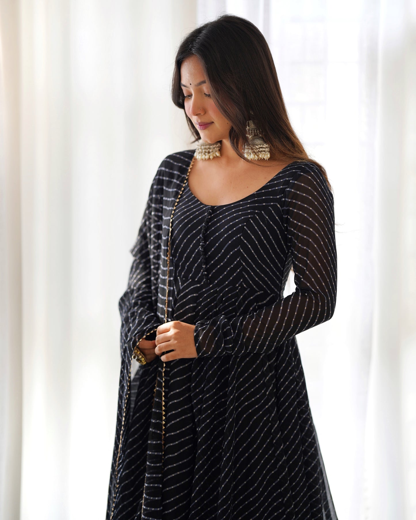 Black Laheriya Printed Pure Faux Georgette Anarkali Dress Gown.