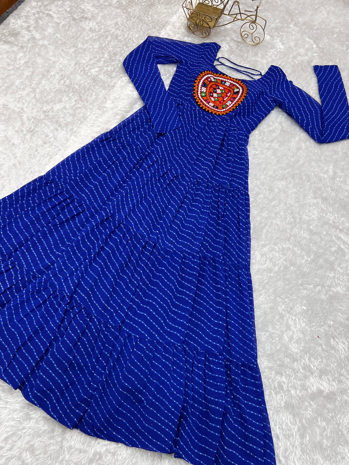 Garba Special Beautiful Royal Blue Laheriya print with huge Flaired Gown Collection.