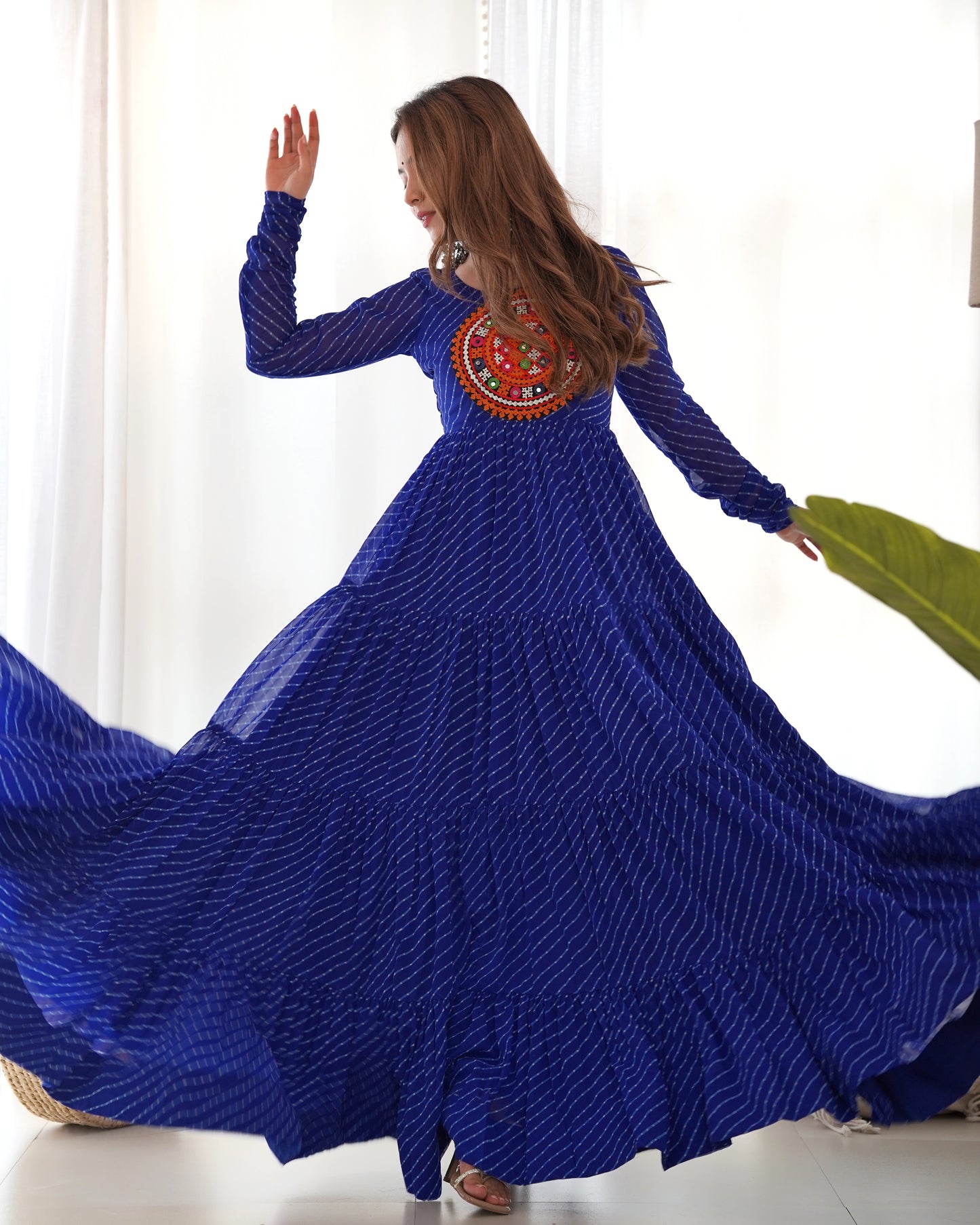 Garba Special Beautiful Royal Blue Laheriya print with huge Flaired Gown Collection.
