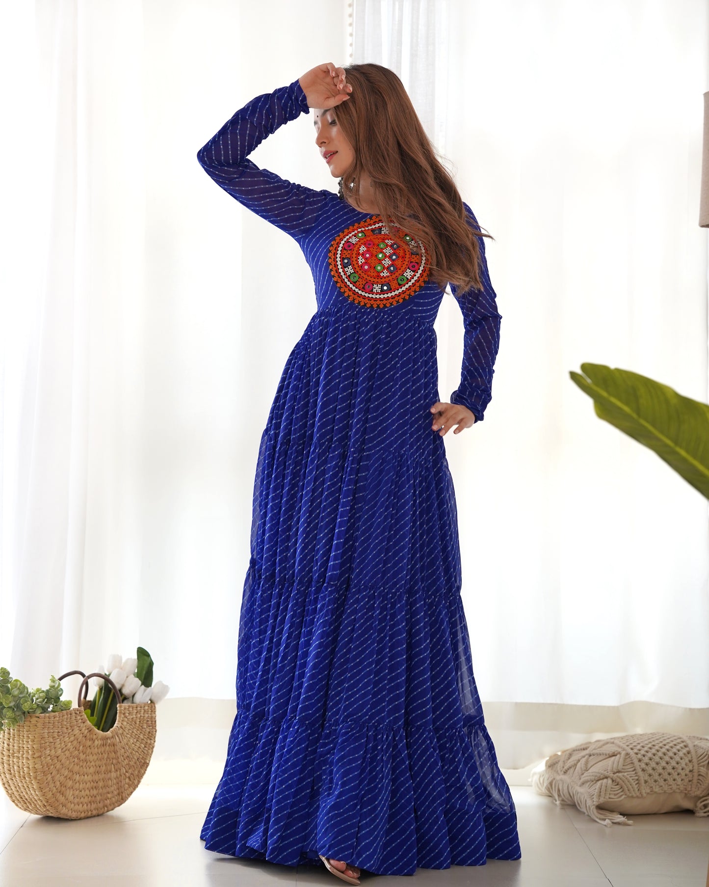 Garba Special Beautiful Royal Blue Laheriya print with huge Flaired Gown Collection.