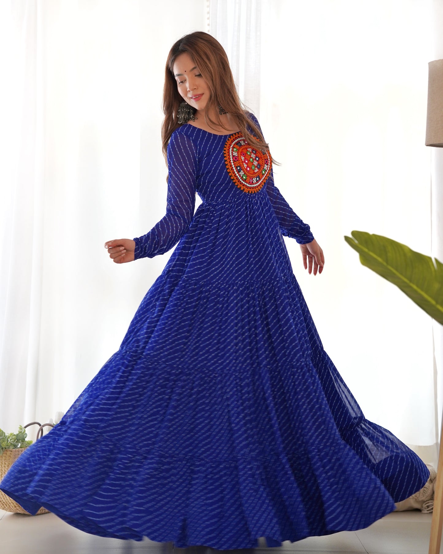 Garba Special Beautiful Royal Blue Laheriya print with huge Flaired Gown Collection.