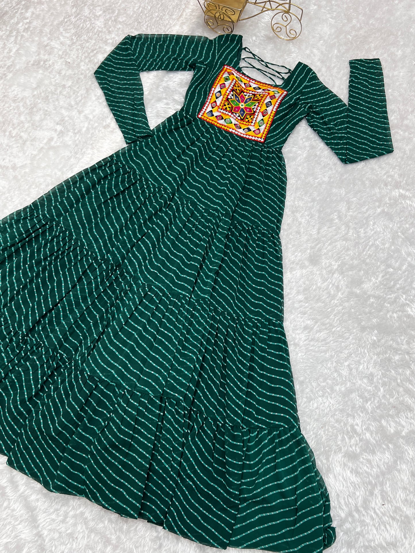 Navratri Season Special New Bottle Green Laheriya Print Gown Collection.