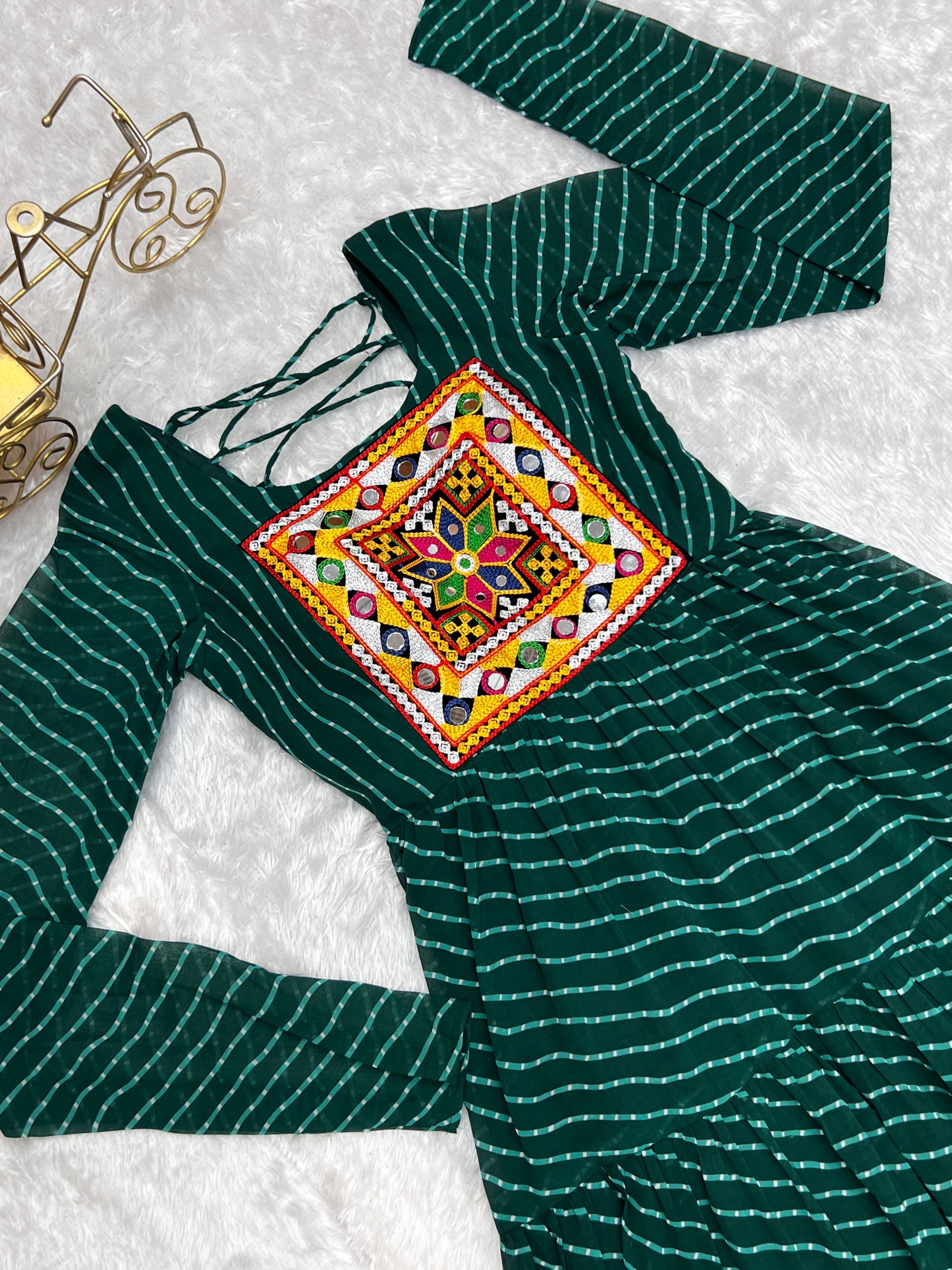 Navratri Season Special New Bottle Green Laheriya Print Gown Collection.