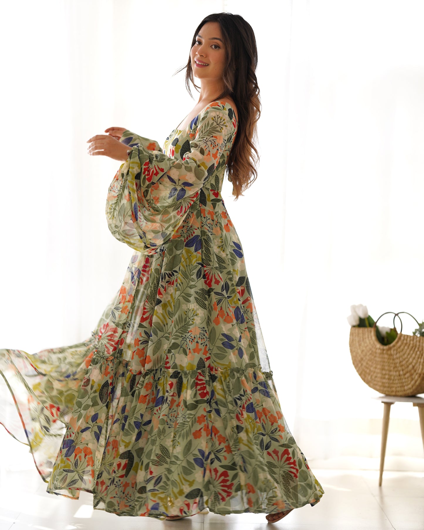 Pure Soft Faux Georgette Floral Printed Flaired Gown.