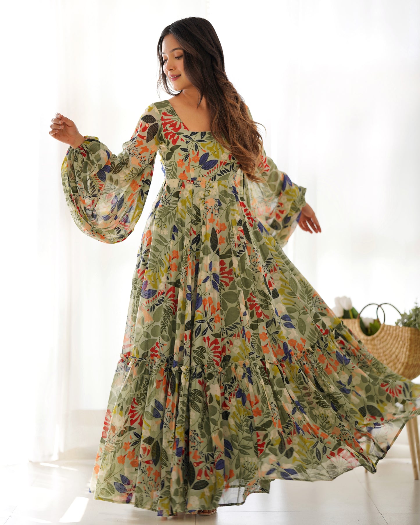 Pure Soft Faux Georgette Floral Printed Flaired Gown.