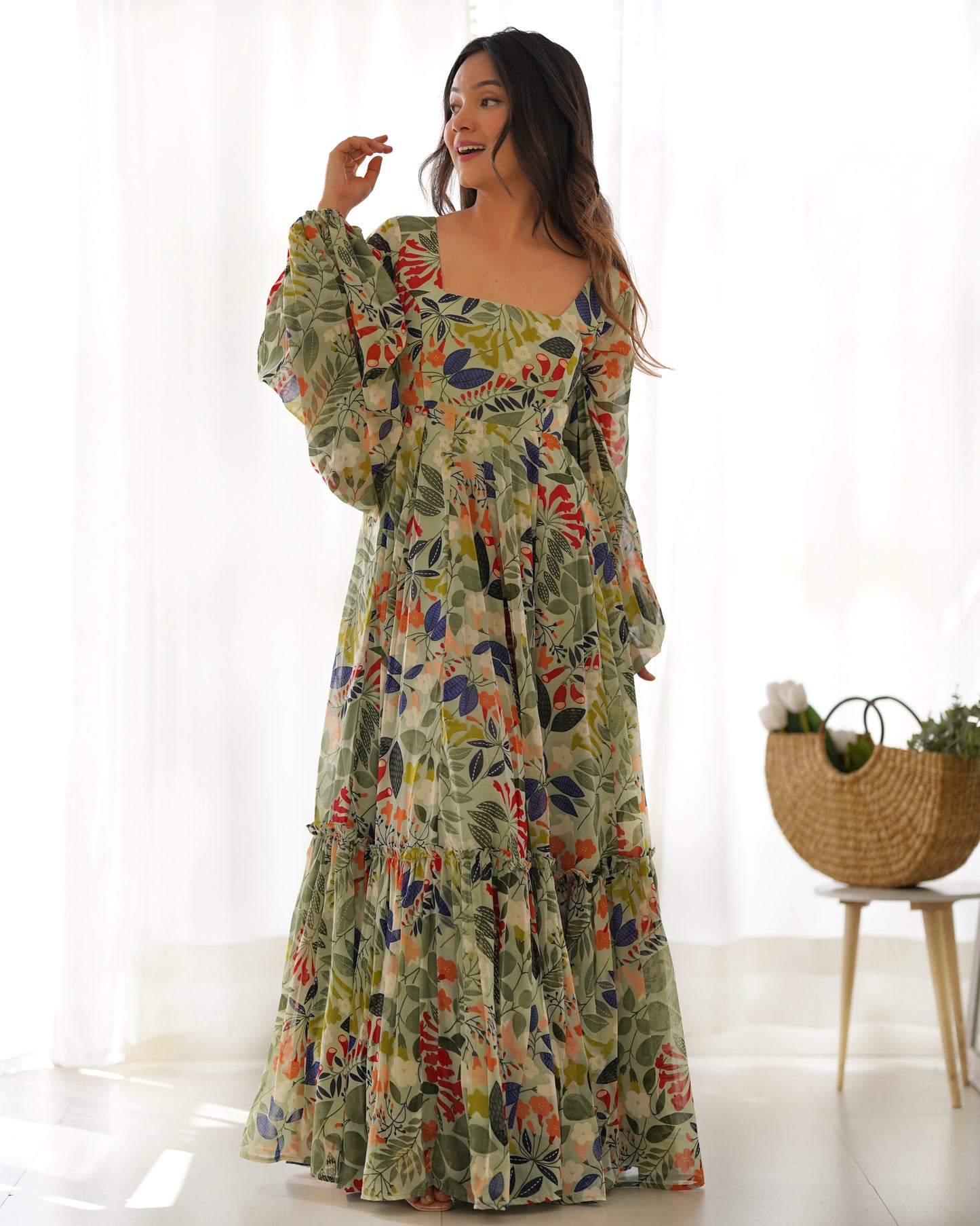 Pure Soft Faux Georgette Floral Printed Flaired Gown.
