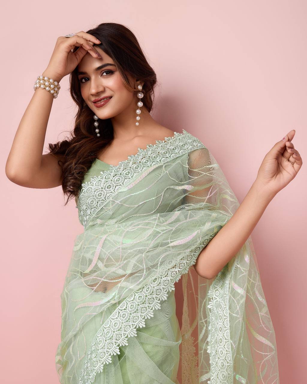 Pista Color Occasions Wear Special Premium Soft Net Saree.