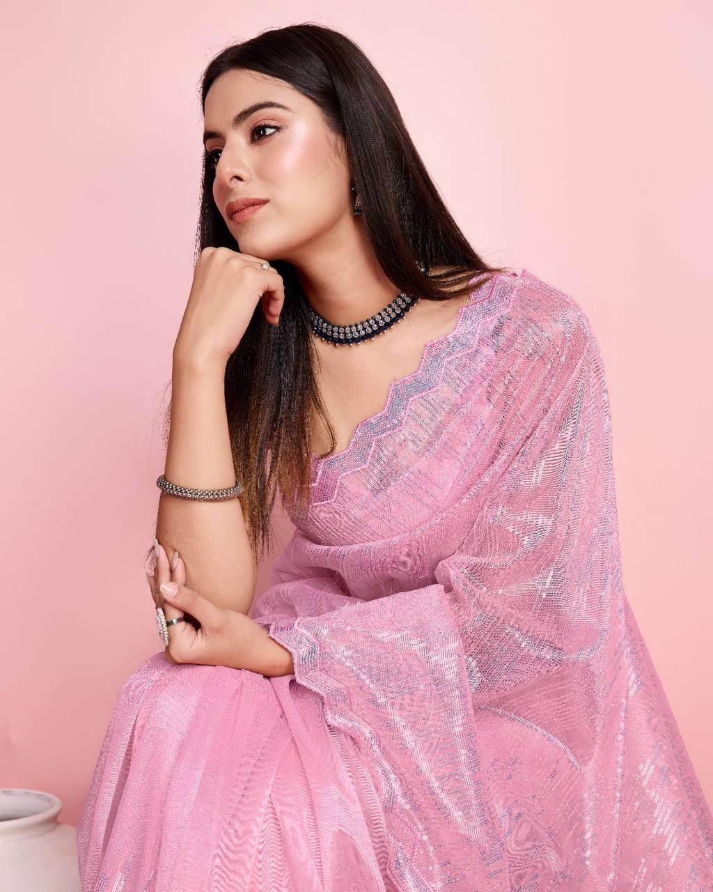 Weddings Special Designer Silver Twill Net & Embroidery Work And Whole Embroidery Sequence Work Saree.