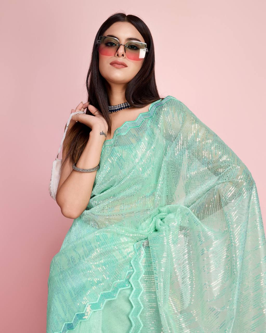 Beautiful Designer Silver Twill Net & Embroidery Work And Whole Embroidery Sequence Work Saree.