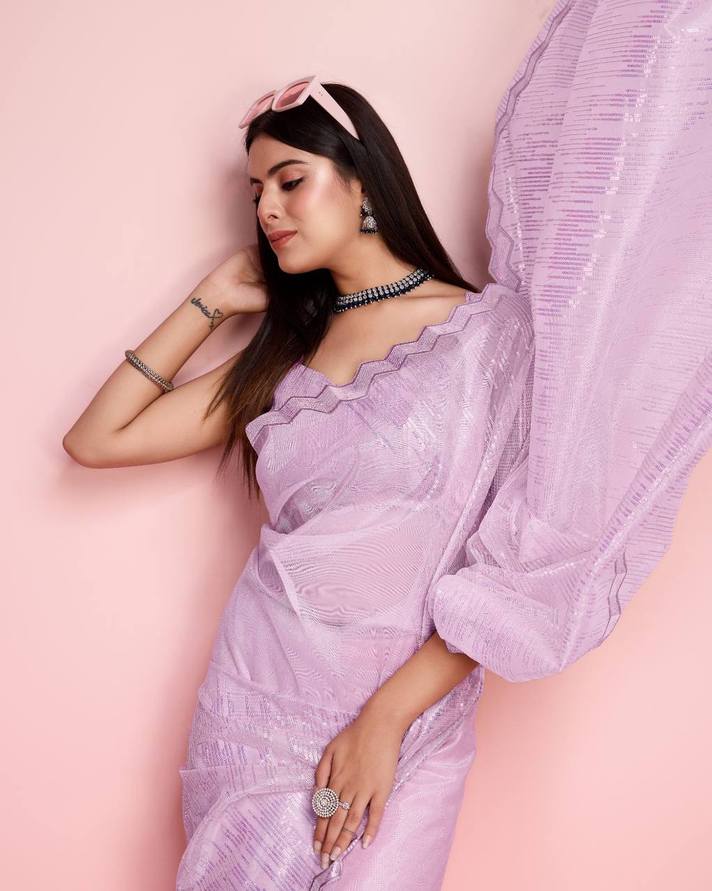 Premium Silver Twill Net & Embroidery Work And Whole Embroidery Sequence Work Saree.