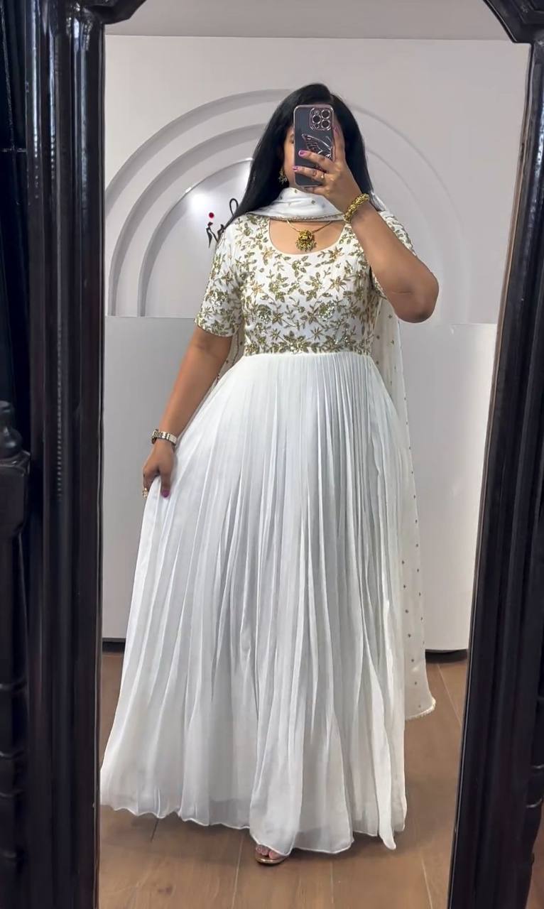 Premium Chinon Embroidery Sequence Work Beautiful White Gown.