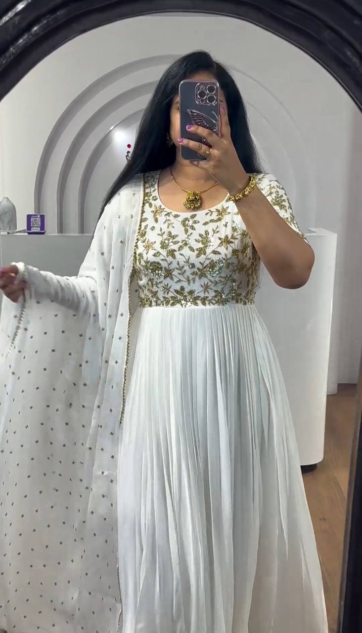 Premium Chinon Embroidery Sequence Work Beautiful White Gown.
