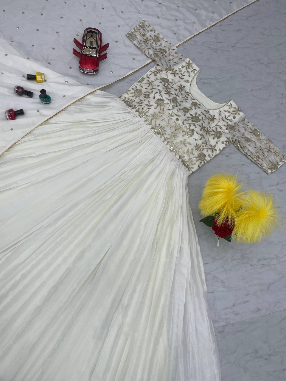 Premium Chinon Embroidery Sequence Work Beautiful White Gown.